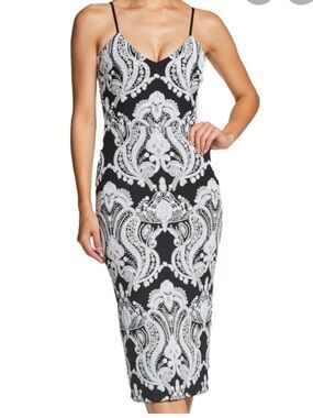 Dress The Population Ava Sequin Midi Dress In Black & White